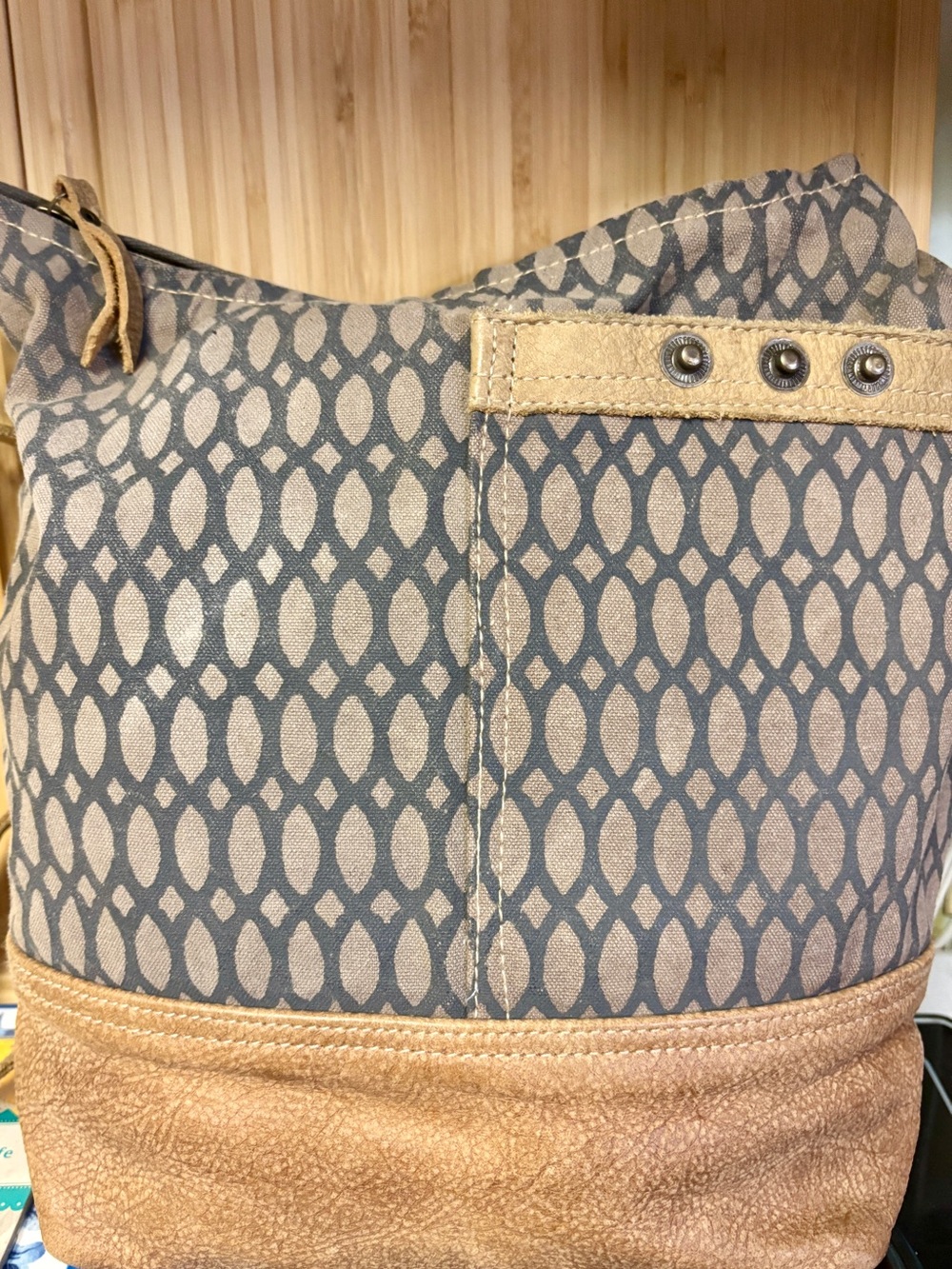 Myra Gray Pattern & Tan Leather Shoulder Bucket Bag Purse - Picture 7 of 9